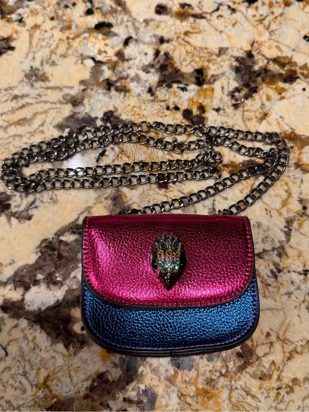 Kurt Geiger Metallic Pink & Blue Mini Crossbody Gunmetal Chain Gem Eagle Head